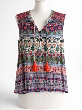 One World Boho Sleeveless Top Size L Colorful Print Tassel Tie V-Neck